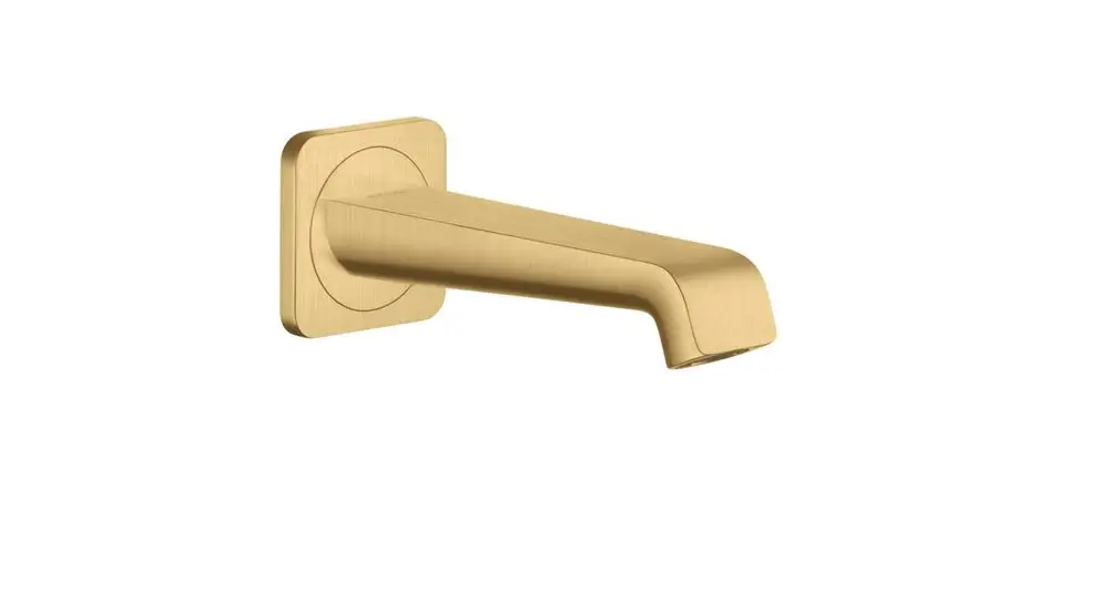 Wandmontierter Wasserhahn in mattem Gold-Finish von AXOR, mit schmalem, geradlinigem Auslauf und quadratischer Rosette.